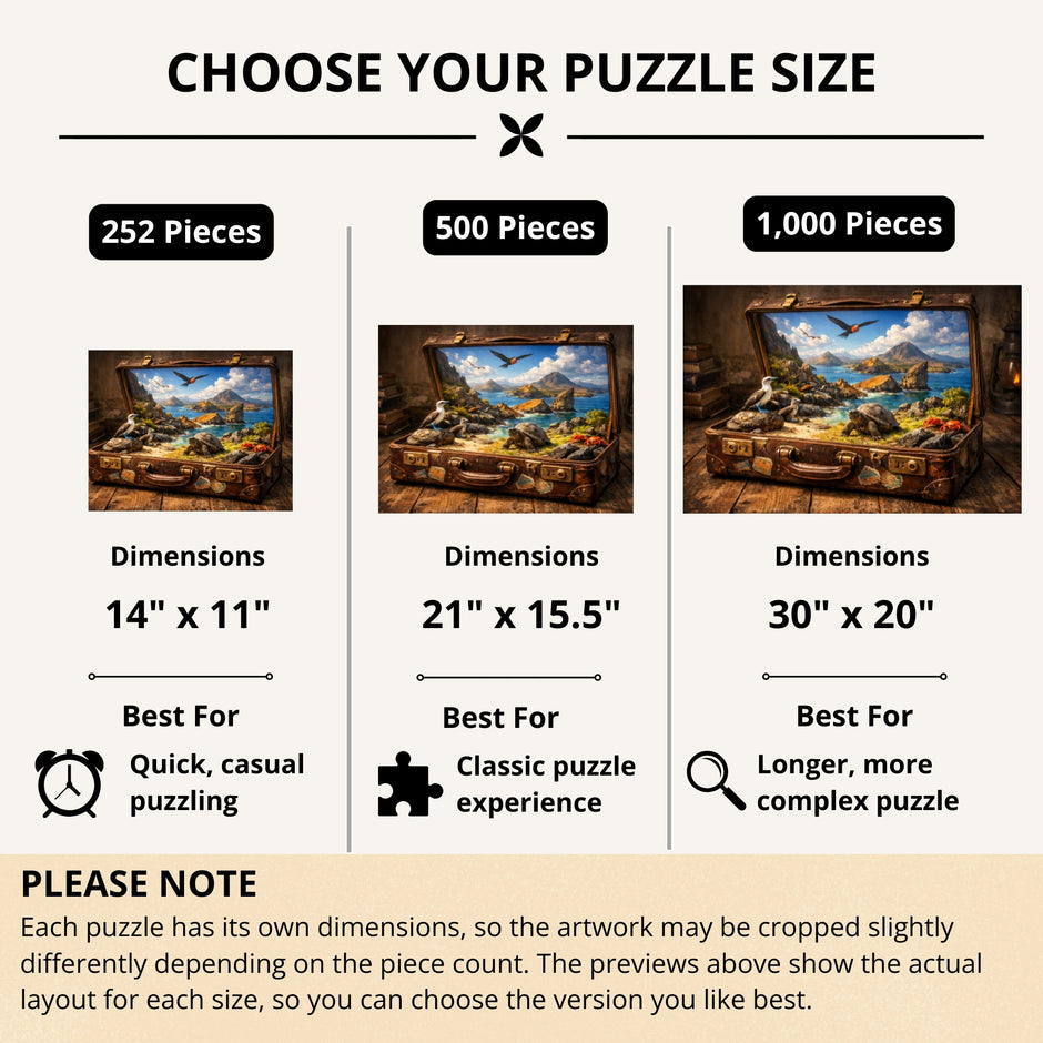Enchanted Isles of the Galápagos Puzzle Size Guide by Novelle & Co