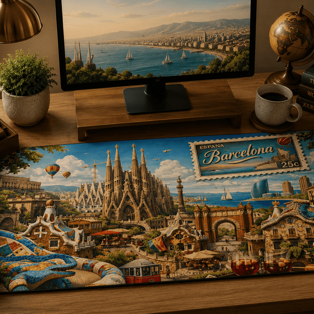 Barcelona Cityscape Desk Mat by Novelle & Co