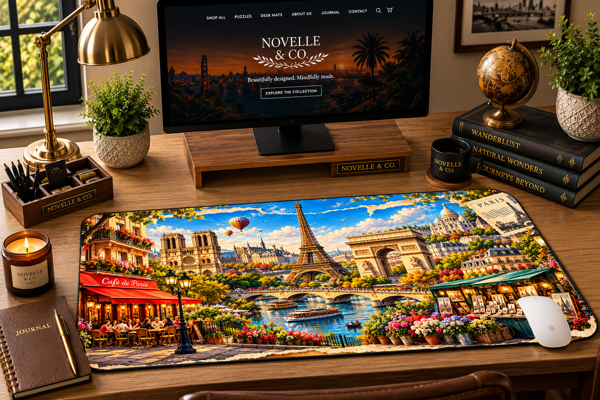 Paris cityscape desk mat with Eiffel Tower and Paris landmarks on a home office desk