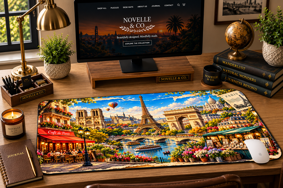 Paris cityscape desk mat with Eiffel Tower and Paris landmarks on a home office desk