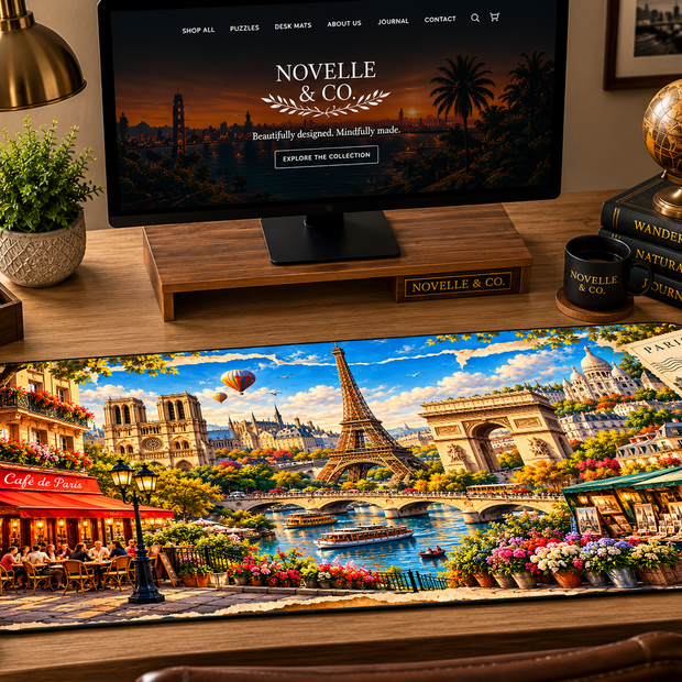 Paris cityscape desk mat with Eiffel Tower and Paris landmarks on a home office desk