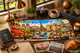 Paris cityscape desk mat with Eiffel Tower on a travel-inspired desk with camera, passport and maps