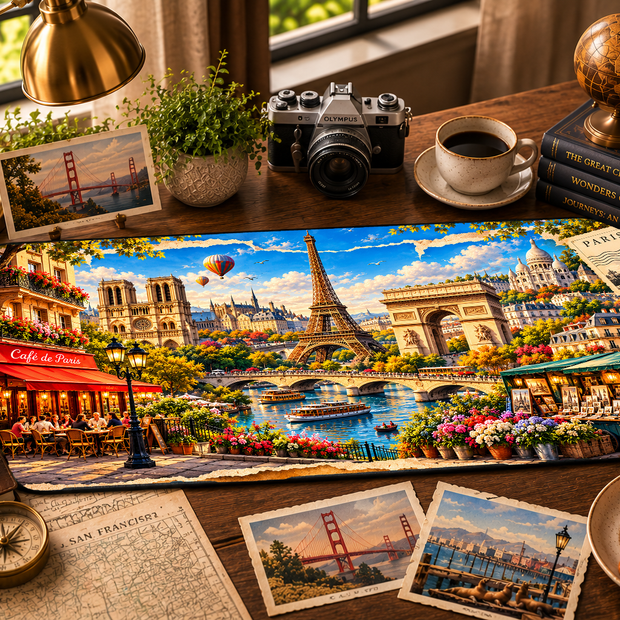 Paris cityscape desk mat with Eiffel Tower on a travel-inspired desk with camera, passport and maps